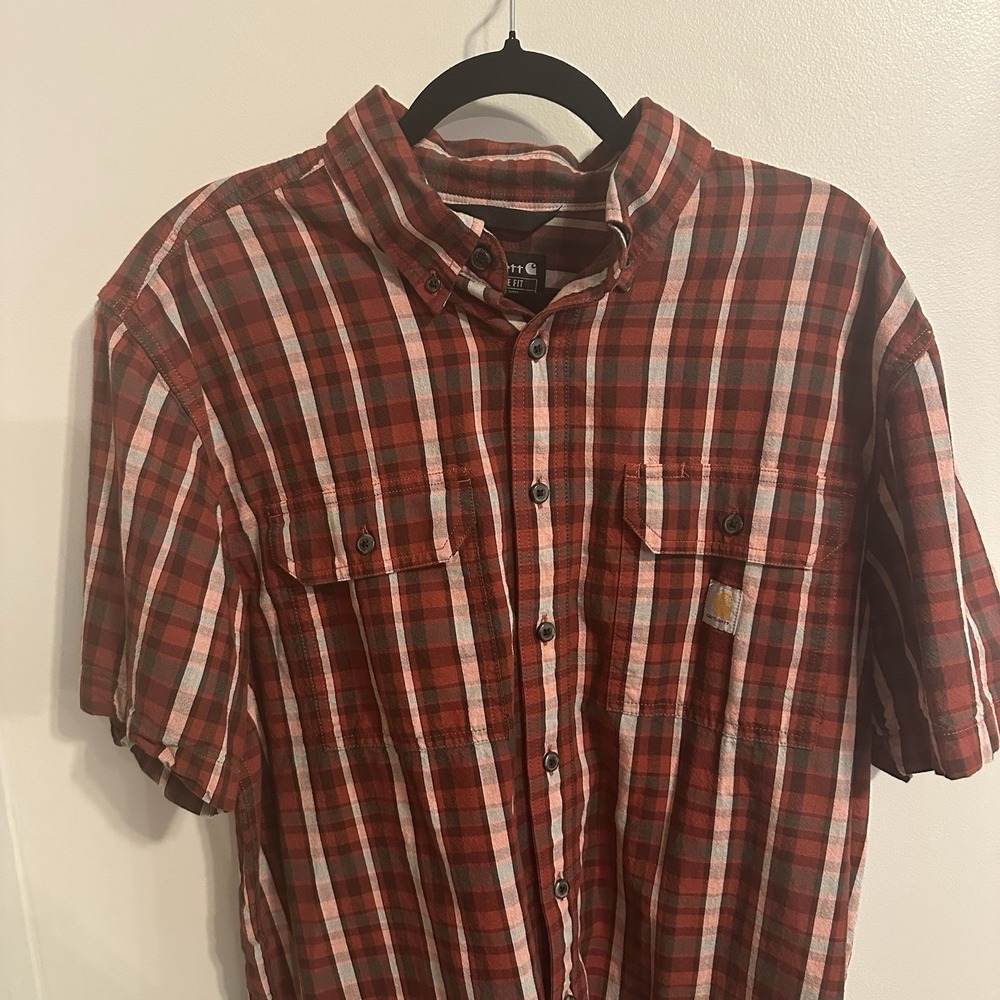 Carhartt Button Down Shirt Mens Loose‎ Fit Plaid Cotton Workwear USA Size L Tall